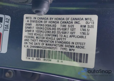 2013 Honda Cr-V Ex z USA, uszkodzony, nr VIN 2HKRM4H53DH662571